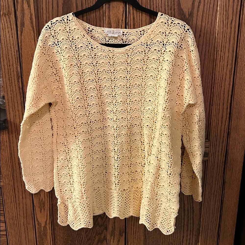 Vintage Yarnworks Open Knit Sweater Butter Yellow Womens Small‎ Cotton Crochet